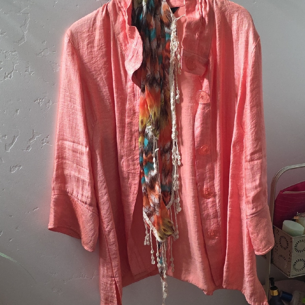 Ali Miles Coral Pink Button-Front Linen Blouse